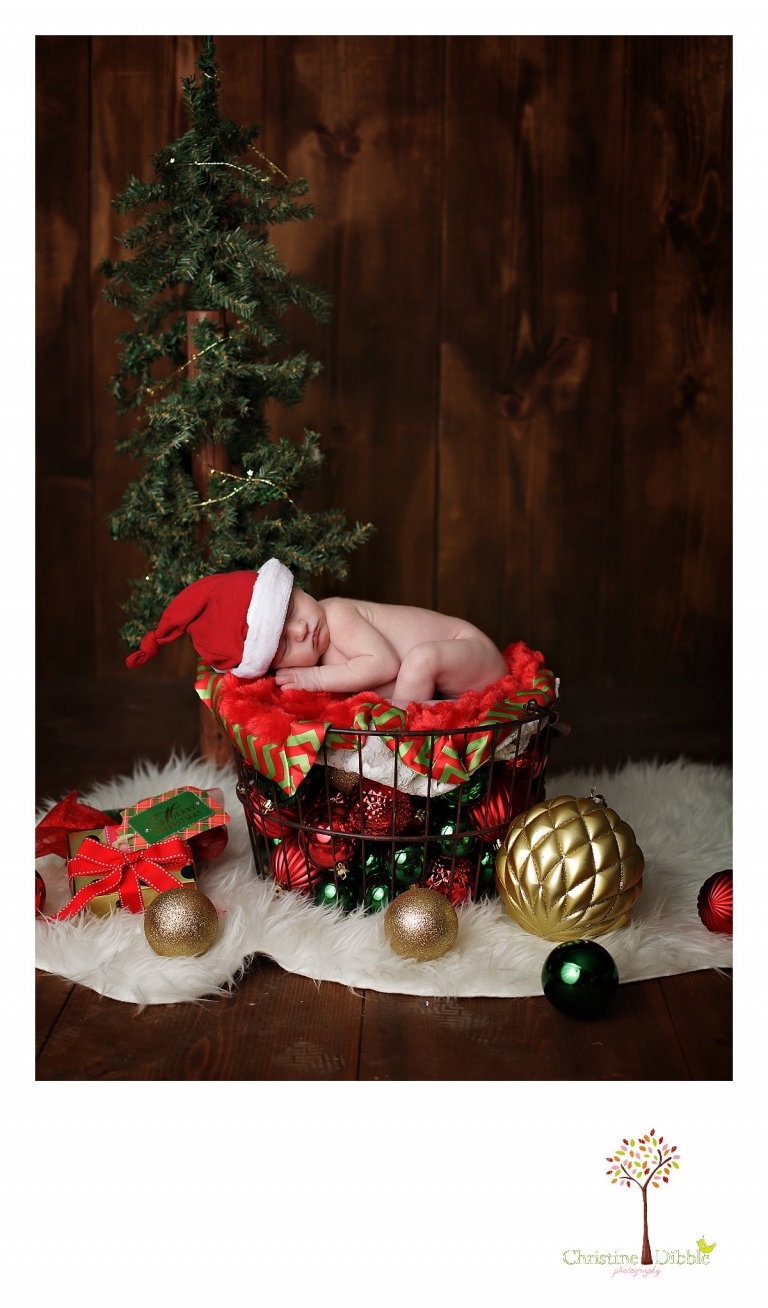 Best Sonora, CA newborn photographer Christine Dibble Photography takes studio photos of a baby boy in a Christmas scene during his newborn photography session.