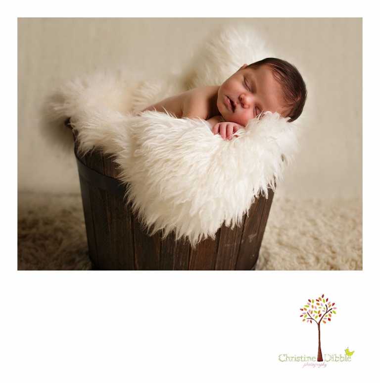 A baby girl sleeps in a wooden bucket and a sheepskin fur during a Sonora, CA newborn photography session by best Sonora newborn photographer Christine Dibble Photography.