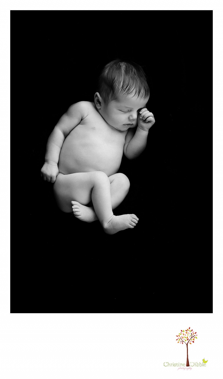A black and white womb-like image is captured during a Sonora, CA newborn photography session by best Sonora newborn photographer Christine Dibble Photography.