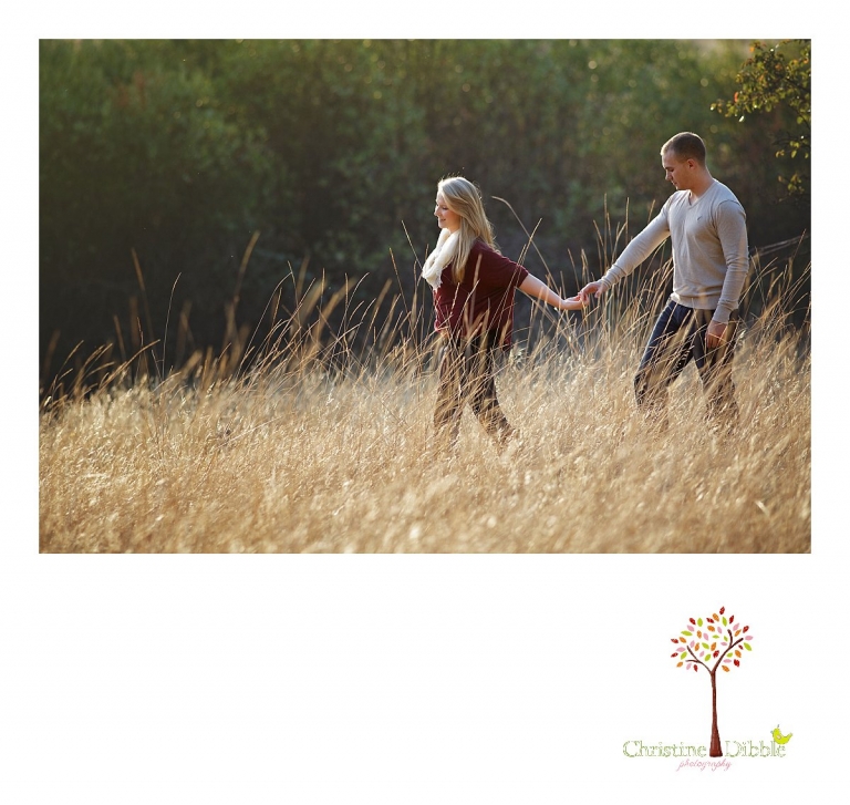 Sonora, CA couple's and engagement photographer Christine Dibble Photography takes romantic engagement style photos of a couple walking in the grass in a field near Twain Harte at sunset.