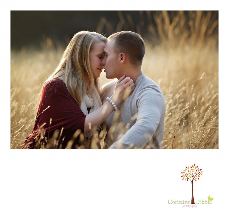 Sonora, CA couple's and engagement photographer Christine Dibble Photography takes romantic engagement style photos of a couple kissing in a field near Twain Harte at sunset.