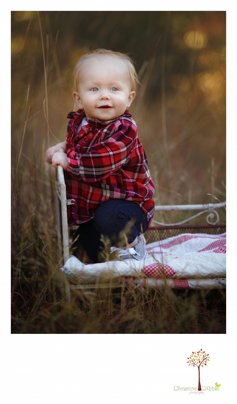 Sonora child photographer Christine Dibble Photography photographs a baby girl's first birthday session outdoors in a field as she sits in a child-sized iron bed near Twain Harte.
