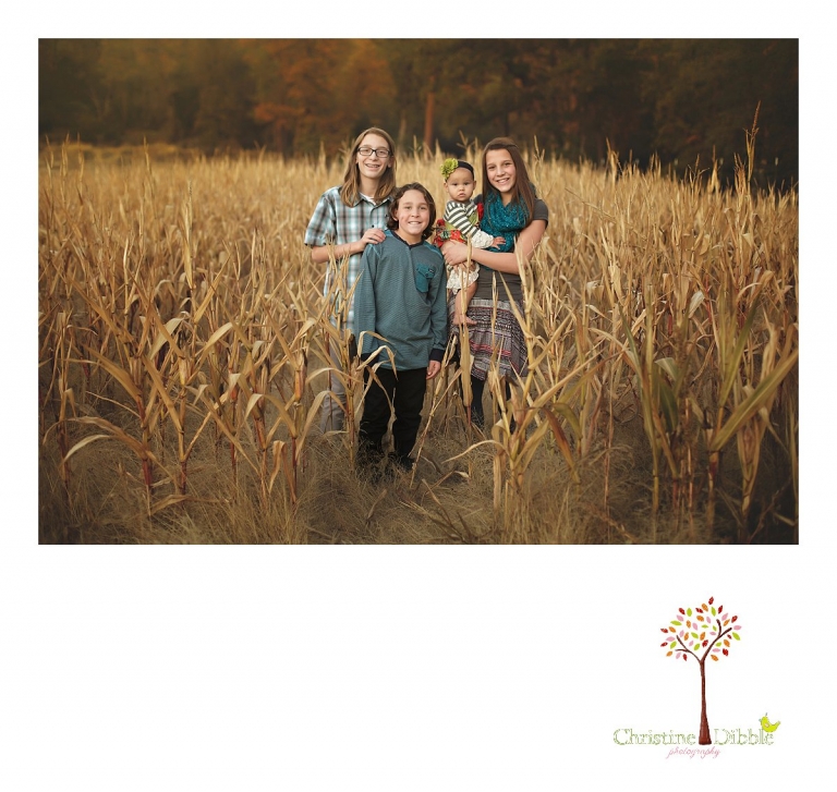 Indigeny Reserve photographer Christine Dibble Photography of Sonora takes photos of four siblings in the corn field during a fall family and first birthday photo session.