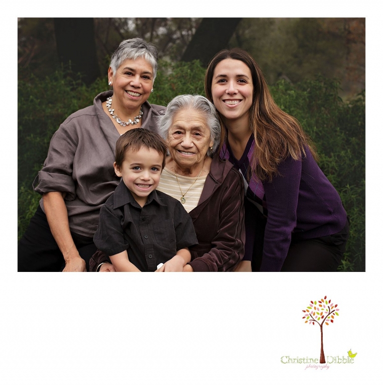Sonora photographer Christine Dibble Photography takes four generation family portraits outside on a foggy morning in the clients' yard.