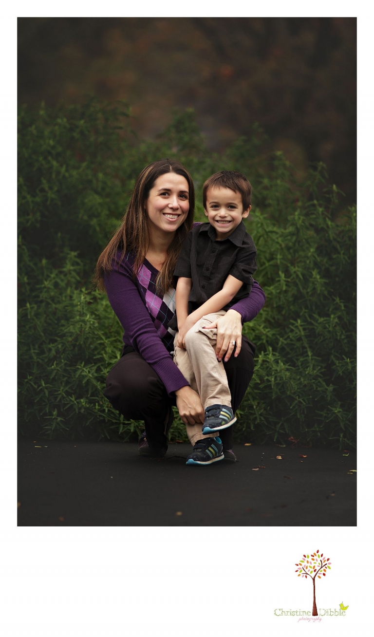 Sonora photographer Christine Dibble Photography takes a portrait of a mom and her preschool age son during a four generation family portraits outside on a foggy morning in the clients' yard.