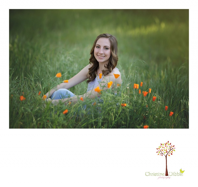 Summerville and Sonora High senior portrait photographer Christine Dibble Photography takes a photo of a senior girl in a green grass field with California poppies.