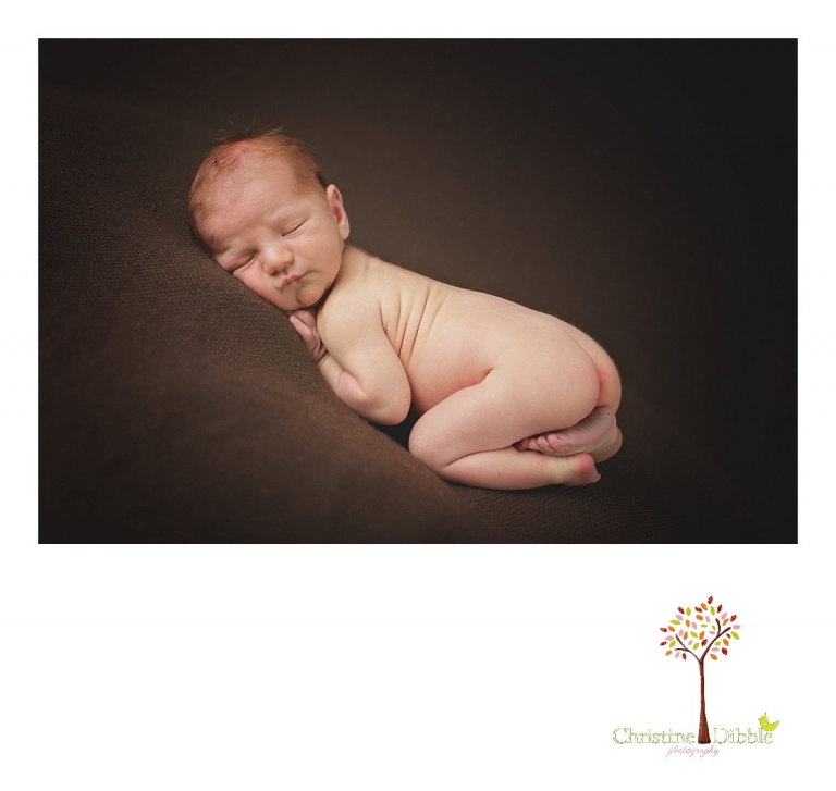 Sonora newborn photography session by Christine Dibble Photography captures a sleeping baby boy on a brown blanket.