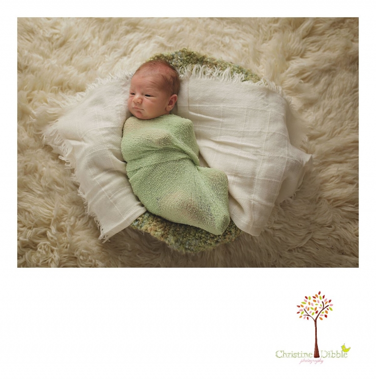 Sonora newborn photography session by Christine Dibble Photography captures an awake baby boy in a green wrap on cream layering pieces and a cream flokati.