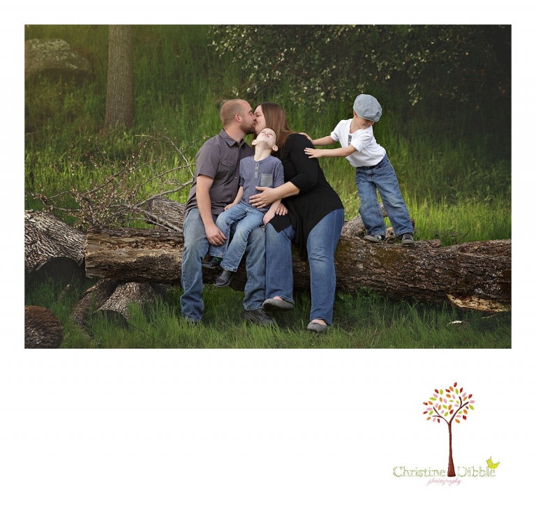 Sonora family photographer Christine Dibble Photography takes outdoor family photos at Indigeny Reserve of a mom and dad kissing as their little boys stand beside them on a log.