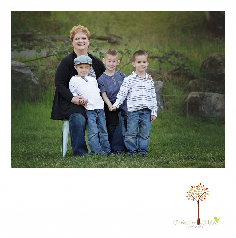 Sonora family photographer Christine Dibble Photography takes outdoor family photos at Indigeny Reserve of three grandsons and their grandma.