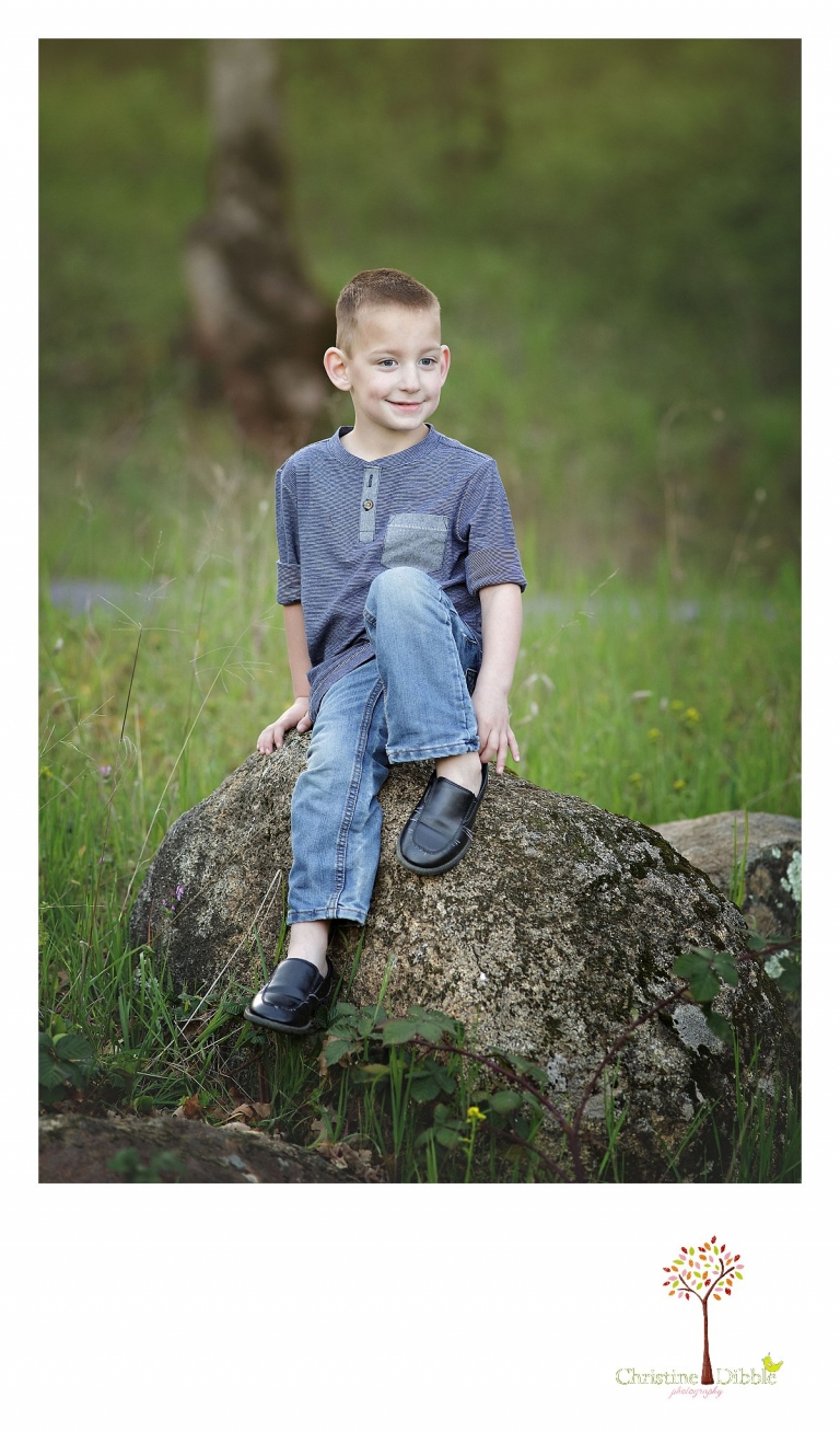 Sonora family photographer Christine Dibble Photography takes outdoor family photos at Indigeny Reserve of a boy on a rock.