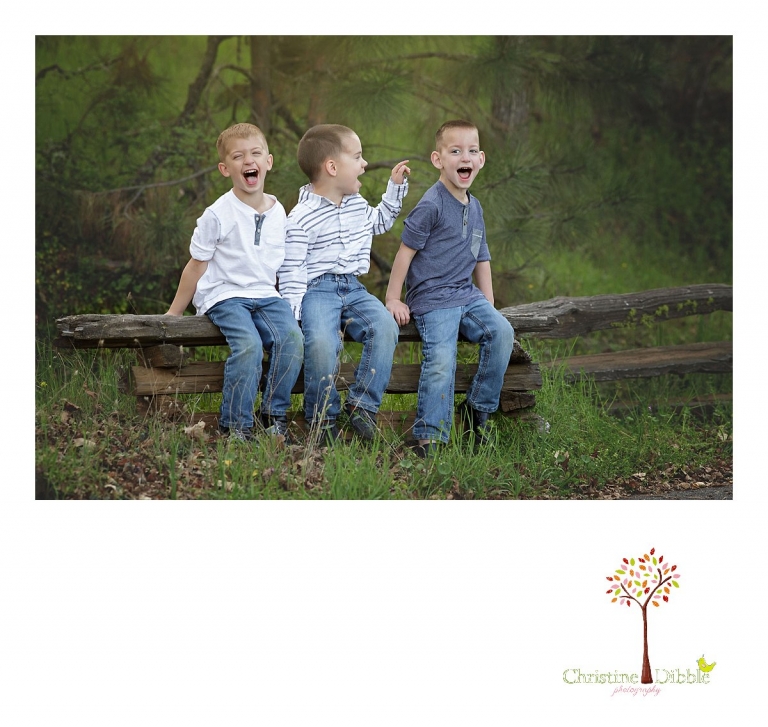 Sonora family photographer Christine Dibble Photography takes outdoor family photos at Indigeny Reserve of three little boys laughing as they sit on a rail fence.
