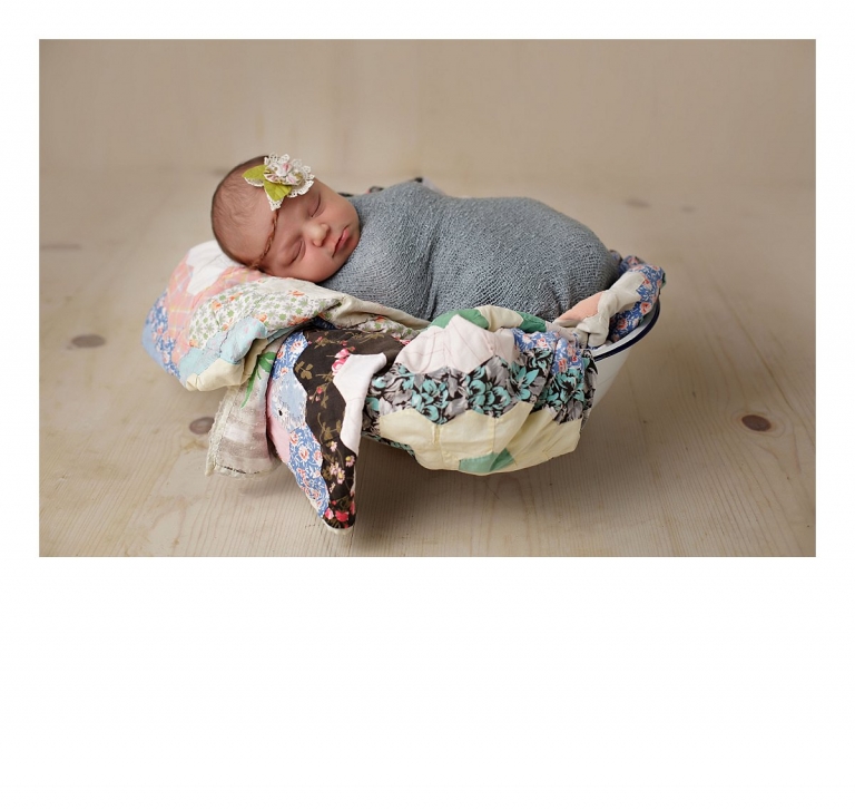 Sonora newborn photographer Christine Dibble Photography takes newborn portraits of babies in antique enamelware bowls and antique quilts.
