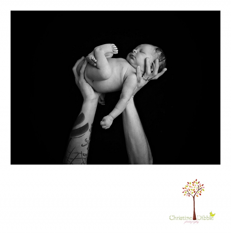 Best Sonora newborn photographer Christine Dibble Photography takes indoor studio black and white dramatic photos of a newborn baby girl as she is held aloft in dad's tattooed arms.