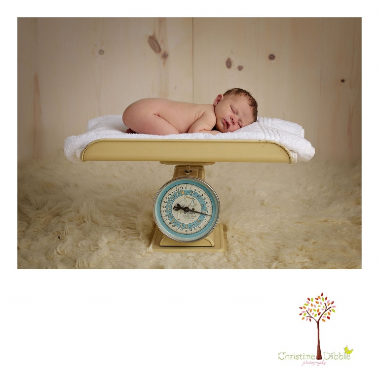 Best Sonora newborn photographer Christine Dibble Photography takes indoor studio photos of a newborn baby girl sleeping on an antique baby scale.