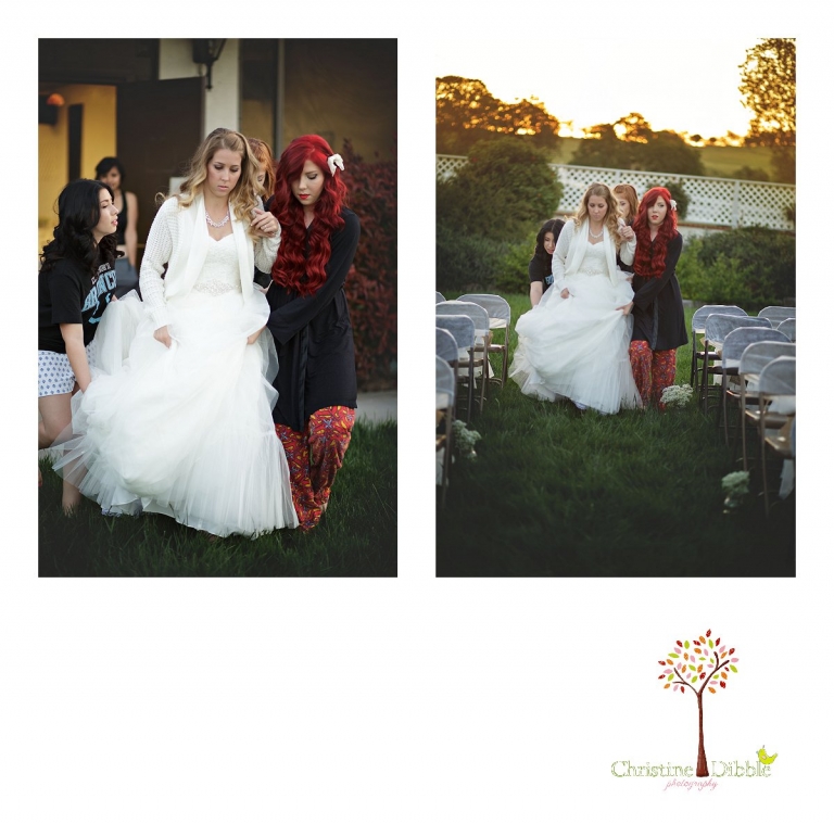 The bride is helped out onto the lawn by her bridesmaids to see her groom for the first time during a sunrise first look photographed by Don Pedro Hacienda photographer Christine Dibble Photography of Sonora.