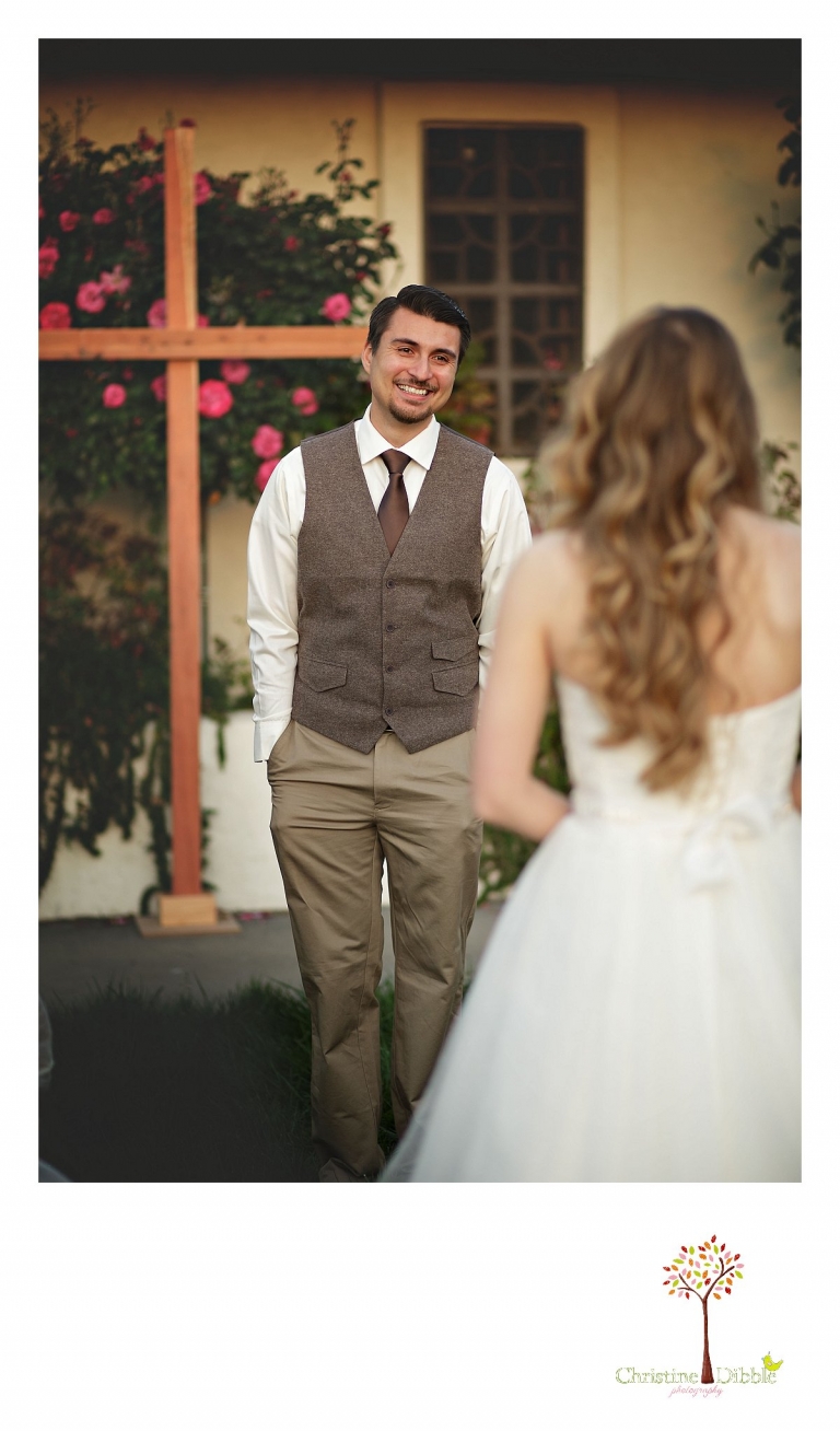 Don Pedro Hacienda photographer Christine Dibble Photography of Sonora captures the groom's face as he sees his bride for the first time during the sunrise first look on their wedding day.