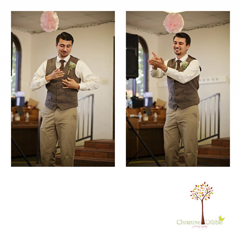Don Pedro Hacienda photographer, Sonora wedding photographer Christine Dibble Photography photographs the groom serenading the bride with a song in American Sign Language at the reception.