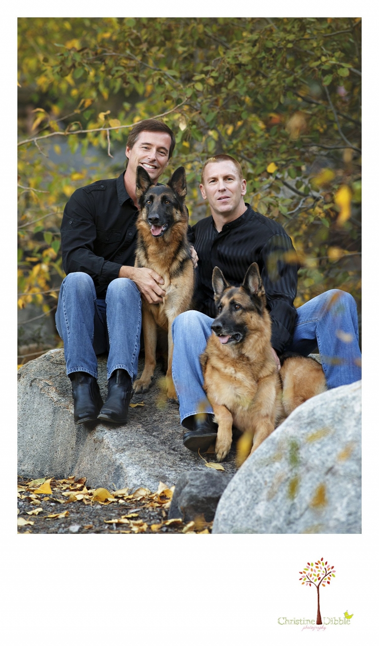 Sonora and Reno family and wedding photographer Christine Dibble Photography takes portraits of partners and their two German Shepherds at Galena Park.