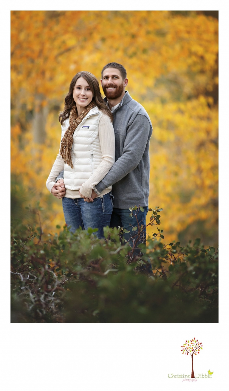 Sonora and Reno family and wedding photographer Christine Dibble Photography photographs an engaged couple in front of brilliant fall color at Galena Park.