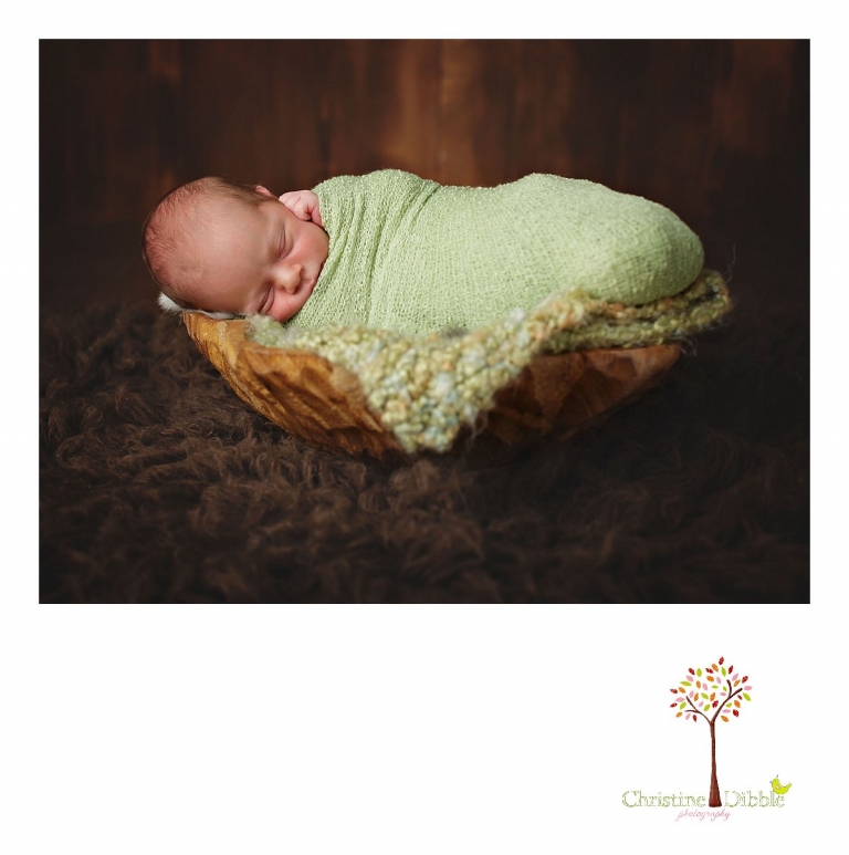 Best Sonora newborn photographer Christine Dibble Photography takes photos of a nine day old baby boy wrapped and sleeping in a wooden bowl.