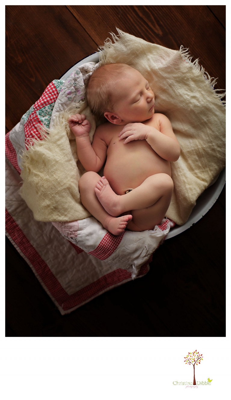 Sonora newborn photographer Christine Dibble Photography takes photos of a baby girl as she sleeps on an antique quilt while in an antique enamel bowl.