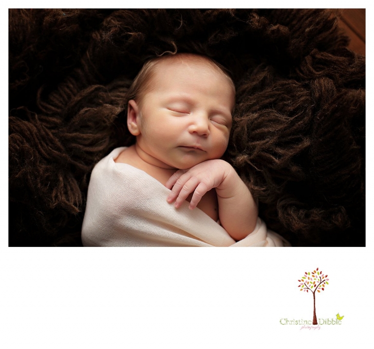 Sonora newborn photographer Christine Dibble Photography takes photos of a baby girl sleeping on a brown flokati rug.