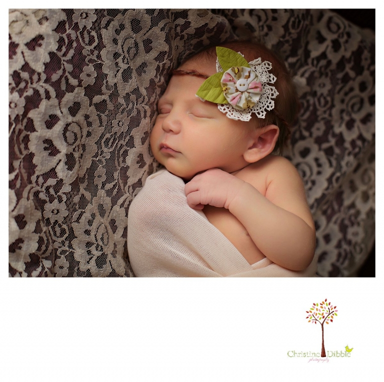 Sonora newborn photographer Christine Dibble Photography takes photos of a baby girl asleep in an iron bed with a flower on a headband.