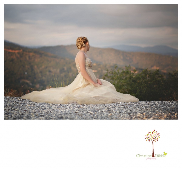 Sonora senior portrait photographer Christine Dibble Photography takes portraits of an eighth grade graduate in a formal gown looking at downtown Sonora below.