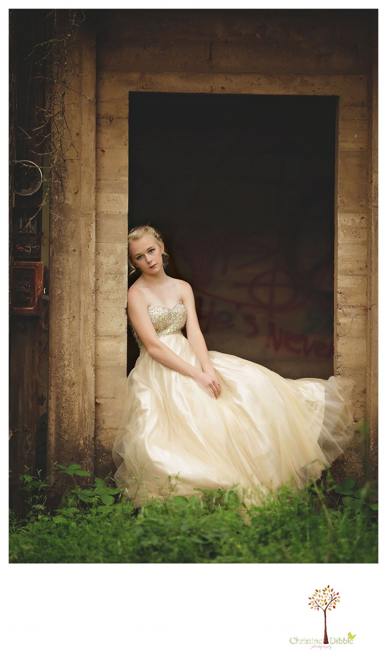 Sonora senior portrait photographer Christine Dibble Photography takes portraits of an eighth grade graduate in a formal gown at an abandoned house.