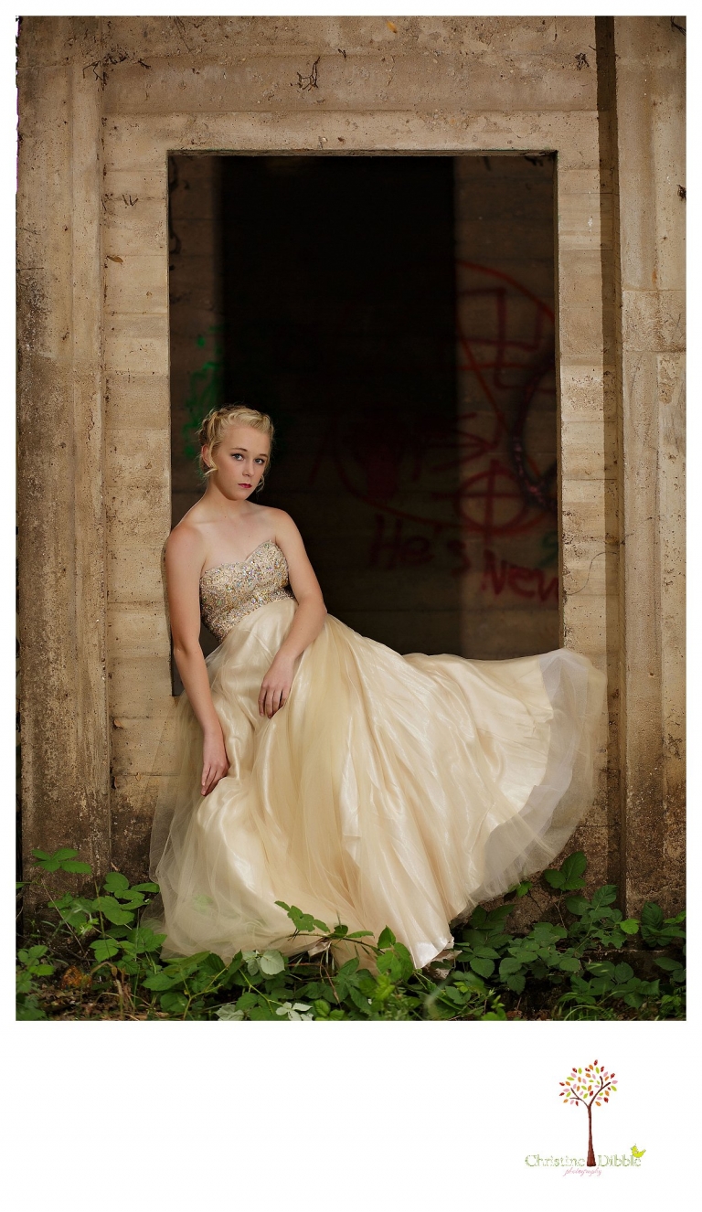Sonora senior portrait photographer Christine Dibble Photography takes portraits of an eighth grade graduate in a formal gown as she sits in the window of an abandoned house with graffiti behind her.