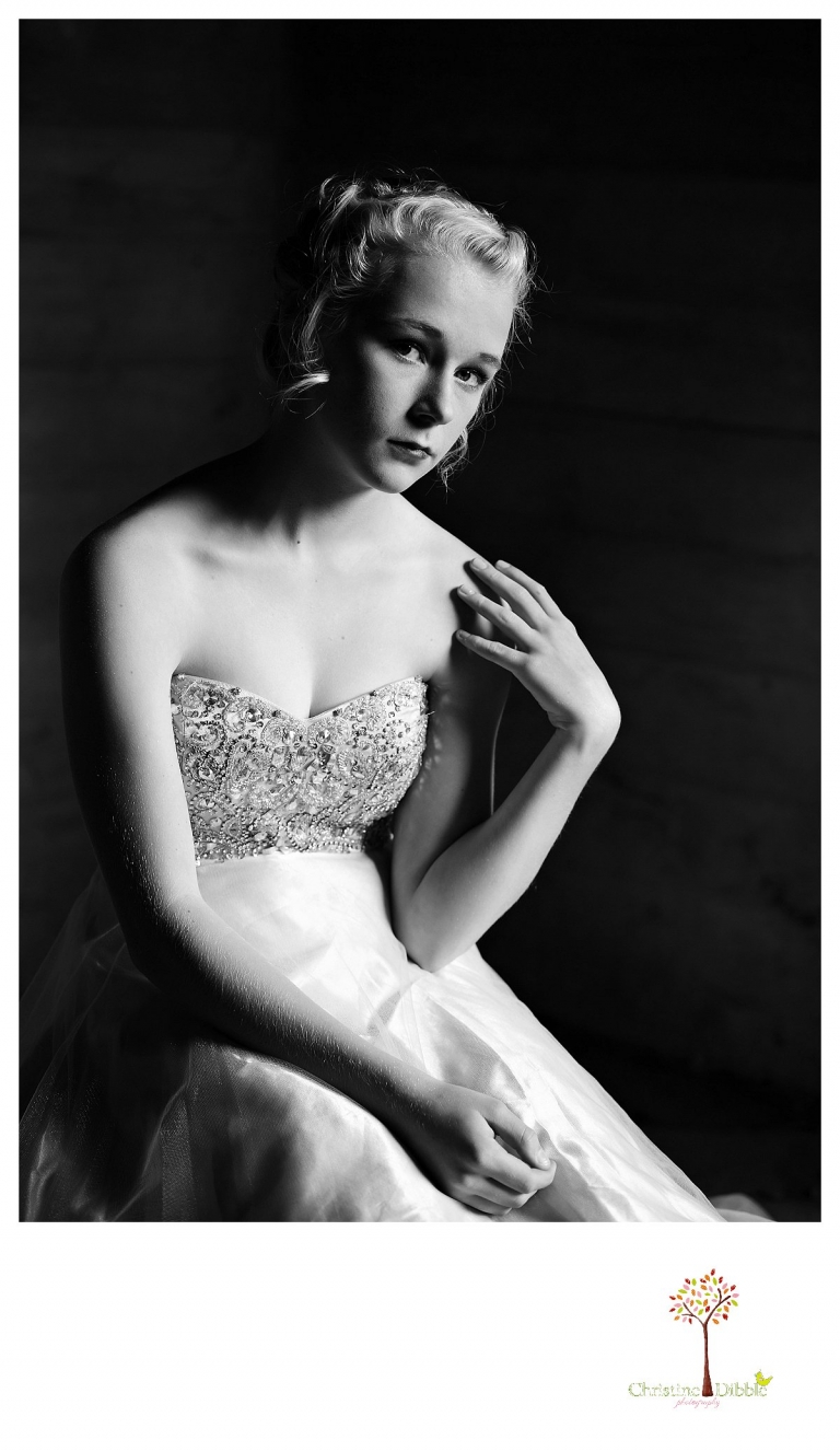 Sonora senior portrait photographer Christine Dibble Photography takes portraits of an eighth grade graduate in a formal gown in a black and white image.