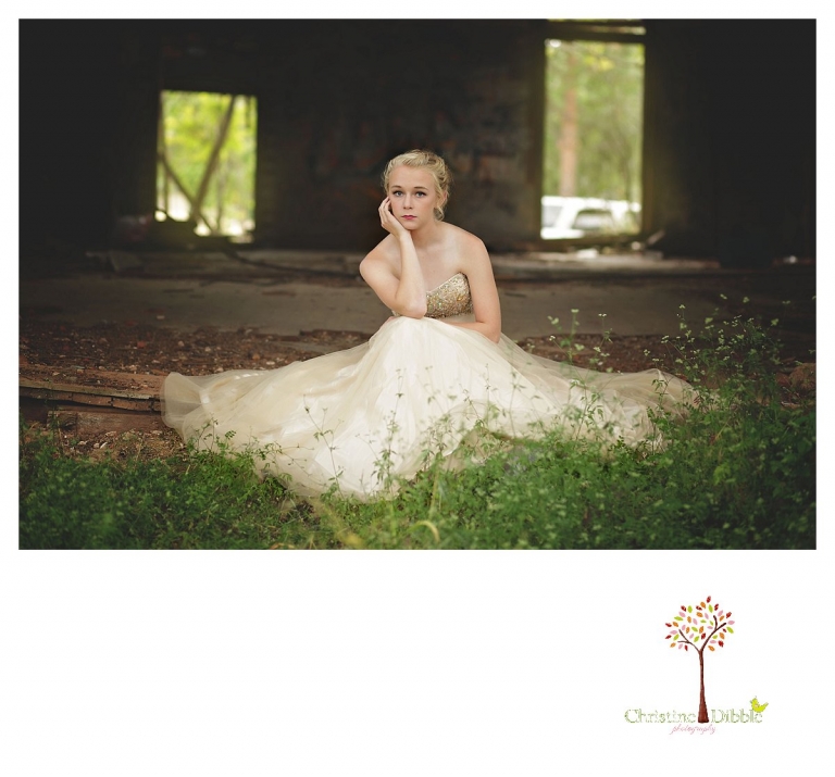 Sonora senior portrait photographer Christine Dibble Photography takes portraits of an eighth grade graduate in a formal gown sitting in the ruins of a school house.