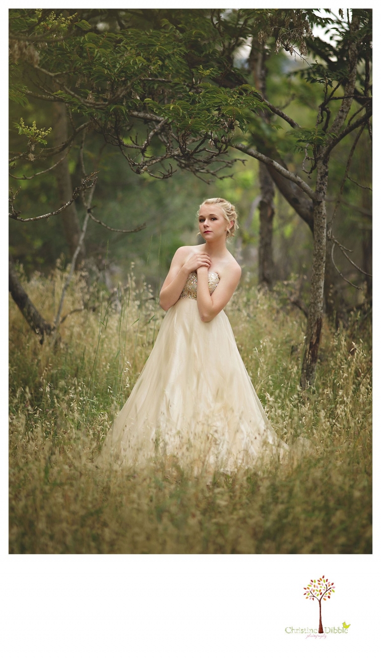 Sonora senior portrait photographer Christine Dibble Photography takes portraits of an eighth grade graduate in a formal gown standing in the deep woods.