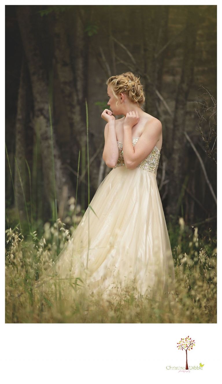 Sonora senior portrait photographer Christine Dibble Photography takes portraits of an eighth grade graduate in a formal gown as she looks over her shoulder in the woods.