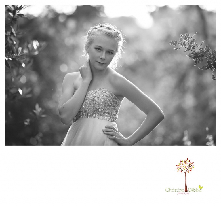 Sonora senior portrait photographer Christine Dibble Photography takes portraits of an eighth grade graduate in a formal gown and black and white image.