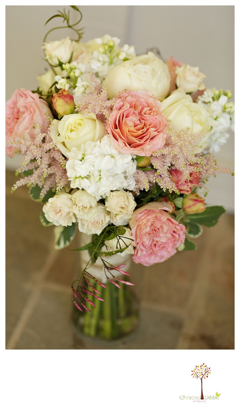 Sonora wedding photographer Christine Dibble Photography photographs a Twain Harte Tree Farm wedding and the bride's beautiful blush pink and white bouquet.