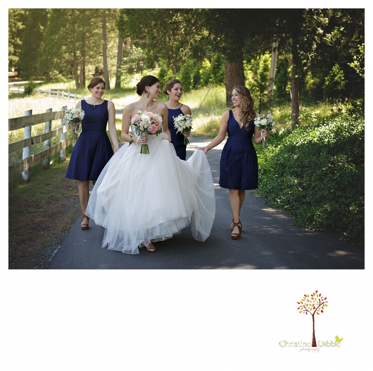 Sonora wedding photographer Christine Dibble Photography photographs a Twain Harte Tree Farm wedding and the bridesmaids as they carry the bride's dress.