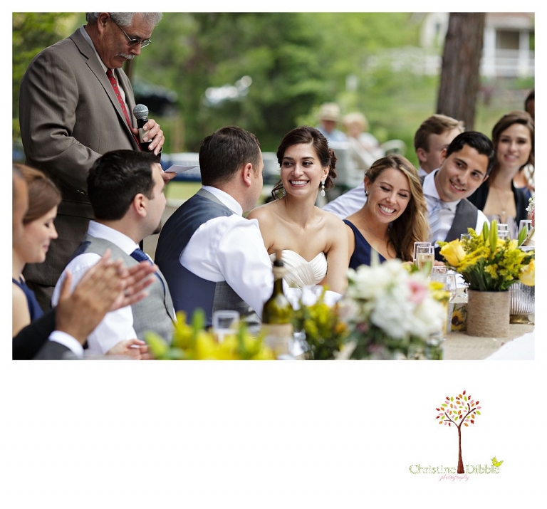 Sonora wedding photographer Christine Dibble Photography photographs a Twain Harte Tree Farm wedding and the toasts.