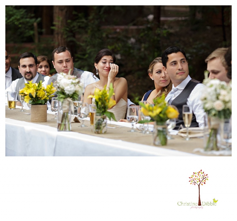 Sonora wedding photographer Christine Dibble Photography photographs a Twain Harte Tree Farm wedding and a tearful bride during toasts.