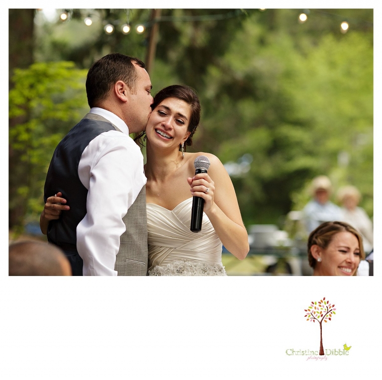 Sonora wedding photographer Christine Dibble Photography photographs a Twain Harte Tree Farm wedding and a tearful bride being comforted by her groom.