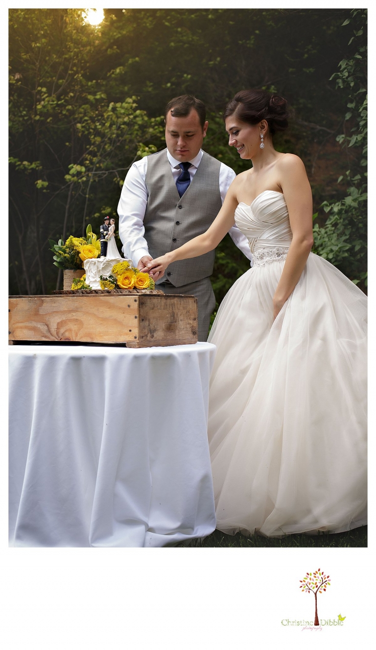 Sonora wedding photographer Christine Dibble Photography photographs a Twain Harte Tree Farm wedding and the bride and groom as they cut the cake.