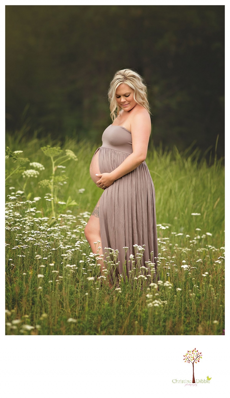 Sonora maternity photographer Christine Dibble Photography takes pregnant belly photos of a tattooed mom in a belly dress in a wildflower field.