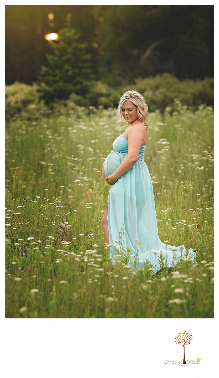 Sonora maternity photographer Christine Dibble Photography takes pregnancy photos of a mom in a blue belly dress among a wildflower field in the woods.