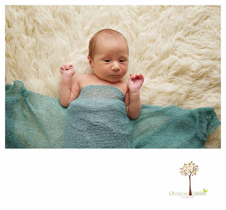 Sonora newborn and baby photographer Christine Dibble Photography takes indoor studio portraits of an awake baby boy.