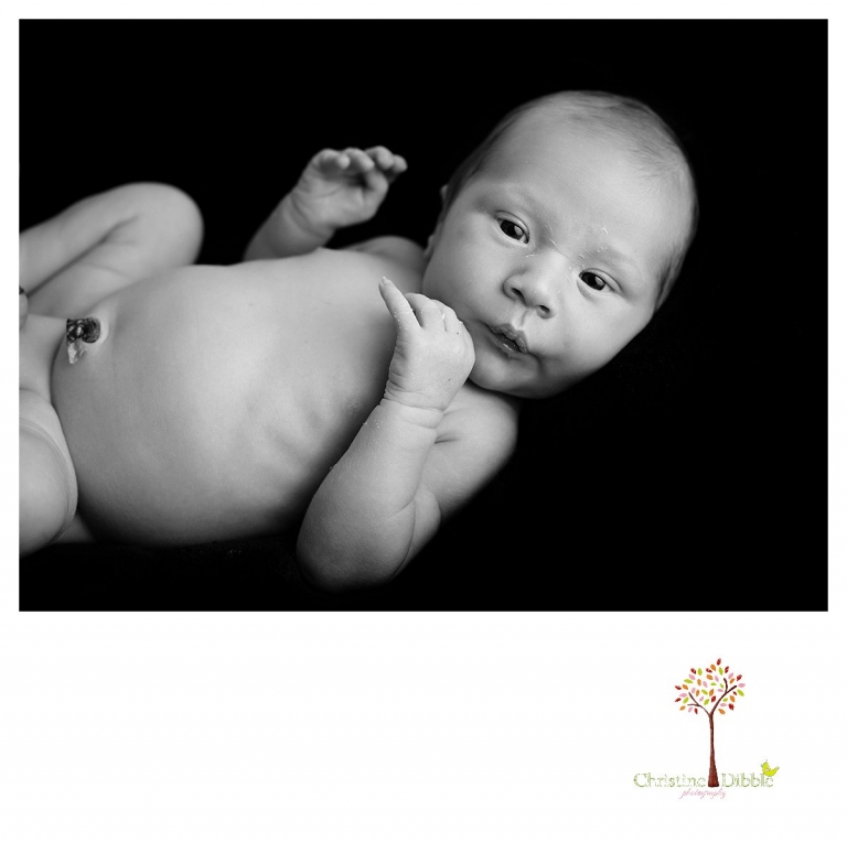Sonora newborn and baby photographer Christine Dibble Photography takes indoor studio portraits on black in black and white.