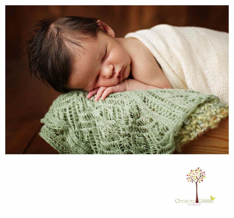 Newborn photography by best Sonora newborn photographer Christine Dibble Photography takes studio portraits of a baby boy with lots of dark hair and squishy newborn lips.