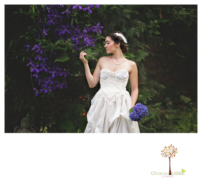 Christine Dibble Photography, Sonora wedding photographer, takes photos of wedding dresses and accessories made by Hopefully Romantic at Twain Harte Tree Farm.