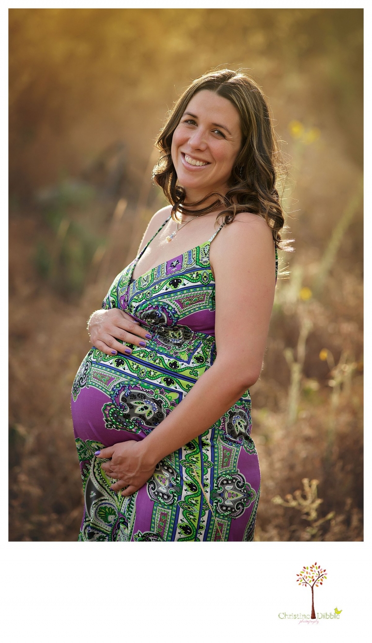 Sonora maternity photography session by Christine Dibble Photography shows a pregnant woman in a paisley maternity dress showing her belly bump.