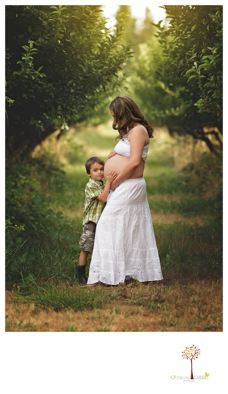 Sonora maternity photography session by Christine Dibble Photography shows a pregnant woman wearing all white while her older son hugs her belly among the apple trees at Indigeny Reserve.